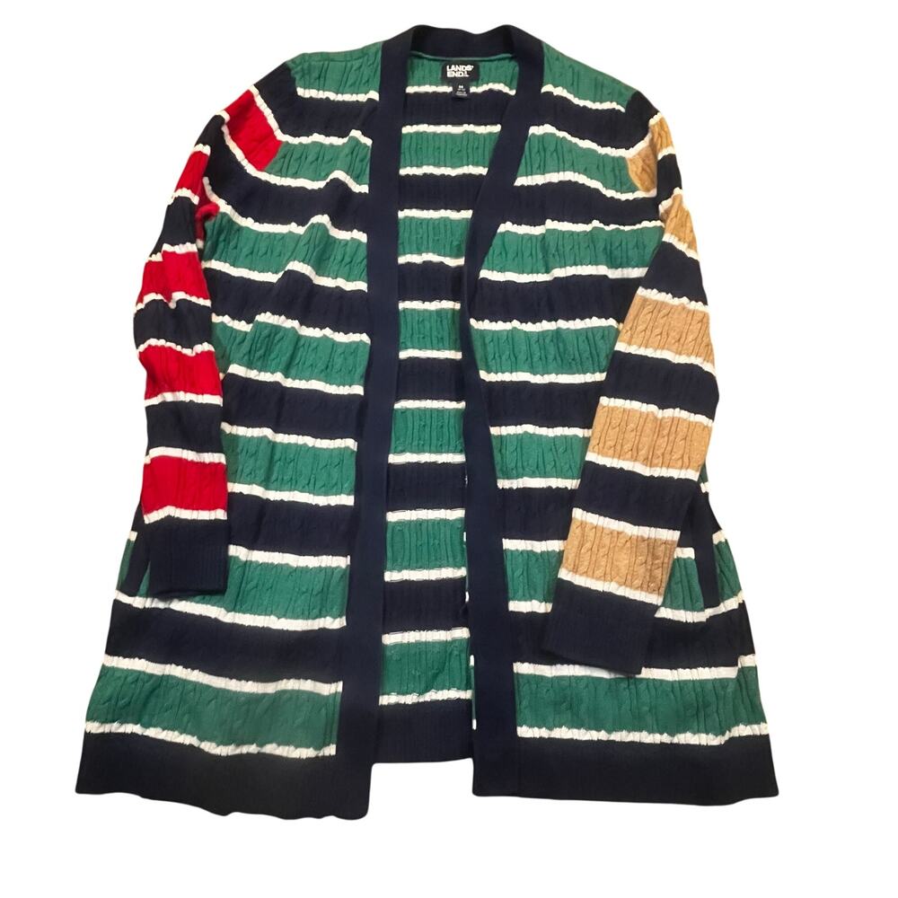 Lands End Striped Cardigan Women M Colorblock Preppy Coastal Nautical